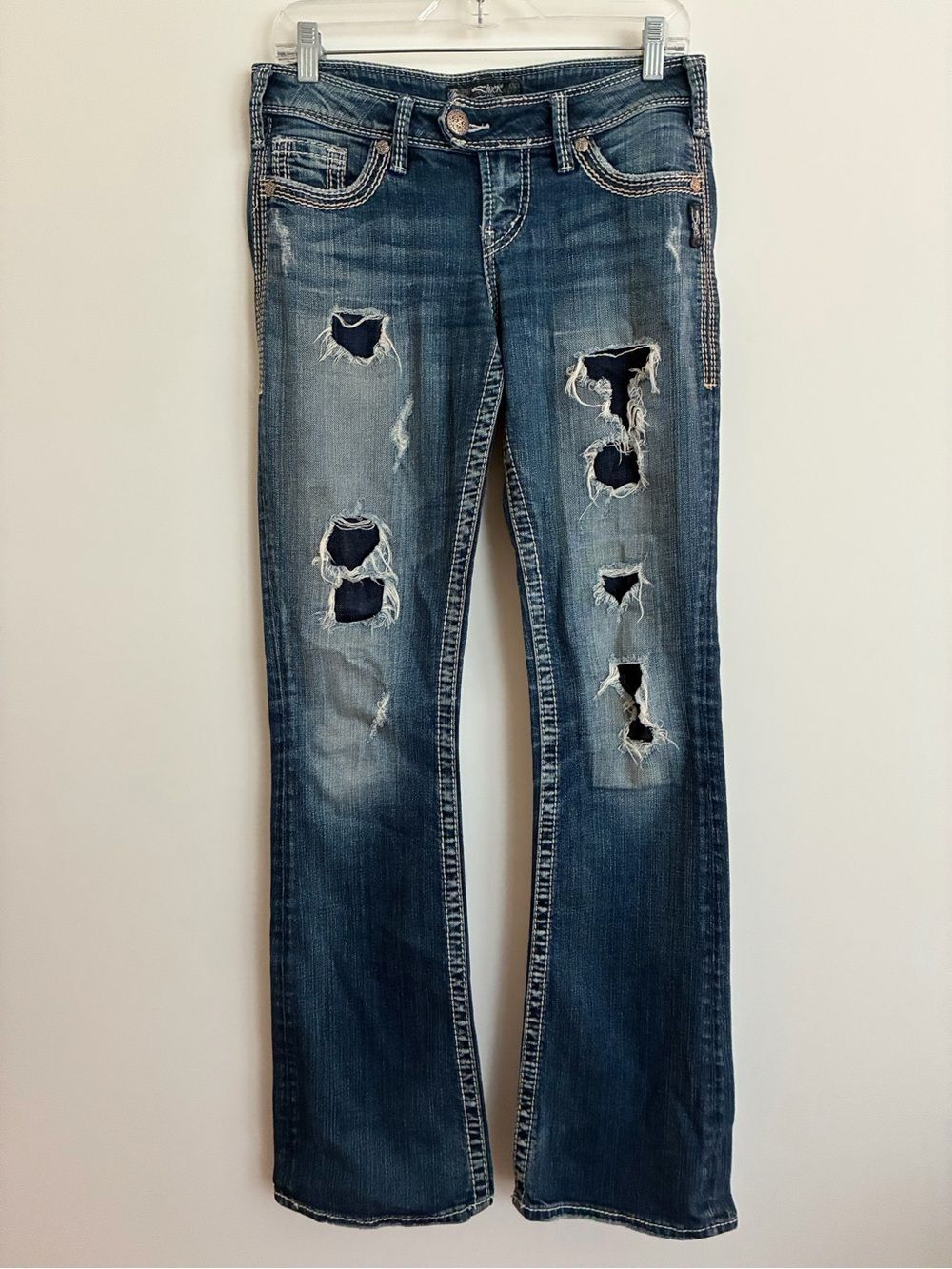 Silver Tuesday Flap Western Glove works Distressed low rise denim jeans 27